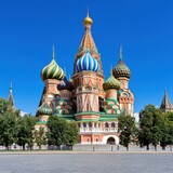 St. Basil's Cathedral with colorful domes under a clear blue sky.