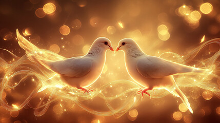 Aufkleber - Two white doves touching beaks, nestled in glowing golden light trails against a bokeh background, symbolizing love, peace, and Valentine's Day romance