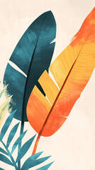 Poster - Stylized teal and orange leaves on beige background, creating a vibrant and tropical aesthetic, suitable for design projects or branding