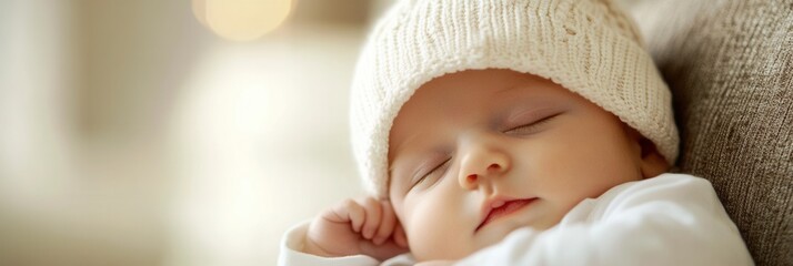 Poster - Sweet sleeping baby in knitted hat resting peacefully on soft surface in cozy indoor setting Generative AI