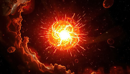Poster - Fiery Cosmic Event bright explosion amidst dark space illuminating celestial bodies and swirling nebulae