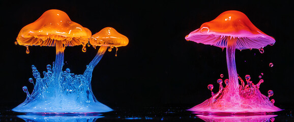 Aufkleber - Vibrant orange and pink liquid mushrooms with blue and magenta splash base against black background, showcasing surreal art, fantasy, and vibrant colors