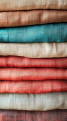 Fototapete - Neatly stacked layers of textured fabric in various earthy tones, showcasing a variety of colors and textures, ideal for textile or design concepts
