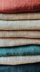Leinwandbilder - Stacked layers of linen fabric in teal, beige, and terracotta shades showcase texture and color variations, representing natural materials, craftsmanship, and textile design