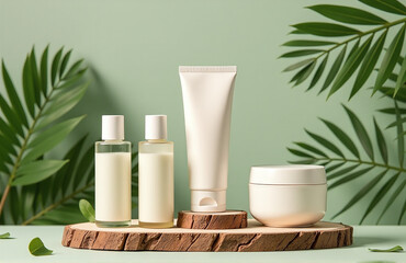 Poster - Tropical Beauty Products Showcased On A Natural Palm Leaf Patterned Backdrop With A Wooden Display And Minimalist Studio Setup.