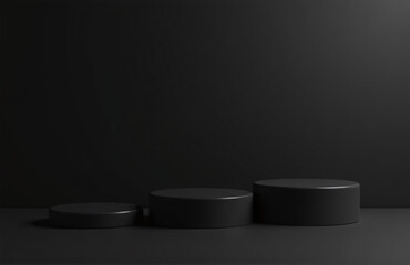 Poster - Three Black Cylindrical Pedestals Are Arranged In A Line Against A Dark Background In This 3d Rendering Illustration Of A Cosmetic Display.