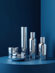 Poster - The Polished Silver Product Display Creates A Sophisticated And Elegant Atmosphere When Paired With A Deep Blue Background.