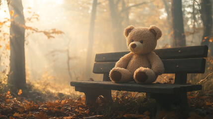 Aufkleber - Teddy bear sits on park bench in autumnal forest, bathed in soft morning light.  Evokes feelings of solitude, nostalgia, and gentle melancholy.