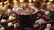 © Rachakrit - cozy winter themed scene featuring steaming cup of hot chocolate topped with whipped cream, chocolate shavings, and