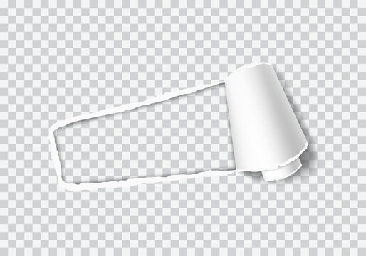 Realistic vector of a torn hole with a rolled edge. Ripped paper with a curled fragment. Template frame for text. Paper mockup.