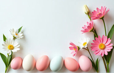 Poster - Spring Flowers And Easter Eggs Arranged On A Light Background In A Flat Lay Composition For A Festive Look.