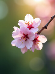 Poster - Soft Pink Cherry Blossoms Bloom Against A Natural Background Of Green, Blue, And White Bokeh With Warm Sunny Blurred Light.