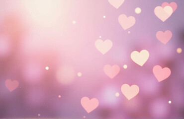 Poster - Soft Pastel Tones On A Blurred Background Are Paired With Heart Shapes And Bokeh Lighting Effects To Create A Whimsical Atmosphere.
