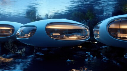 Poster - A futuristic underwater habitat features three interconnected, pod-like living spaces with large panoramic windows revealing warmly lit interiors, submerged in a deep blue ocean environment