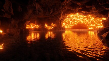 Poster - A dimly lit cave opens to a glowing, candle-filled chamber reflected in a still pool of water