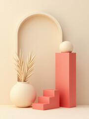 Poster - Simple Minimalist Design Featuring Beige, Red, And Brown Elements On A Neutral Background, Rendered In 3d Illustration Style.