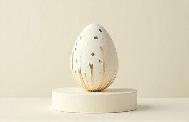 Poster - Round Pedestal Displays A Gold Easter Egg Design Against A Creamy White Background Ideal For Product Demonstrations Near Easter.