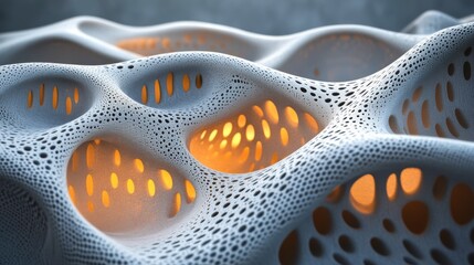 Poster - A close-up of a textured, organic structure with illuminated openings, showcasing intricate patterns and a blend of light and shadow.