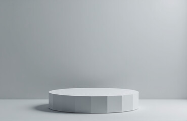 Poster - Realistic 3d Vector Design Features A Gray Pedestal With Geometric Platform, Minimalist Setup For Showcasing Products In A Studio Setting.
