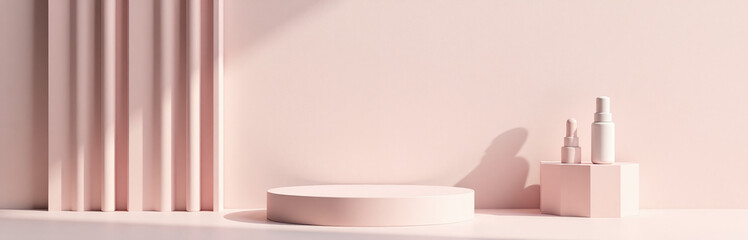 Poster - Realistic 3d Set With Minimalist Wall Scene In Soft Colors Features A Pedestal With Geometric Vector Rendering For Cosmetics Display.