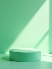 Poster - Realistic 3d Pedestal With Green Cylinder, Light, And Shadow Creates An Abstract Composition For A Platform To Showcase Products In Minimal Design.