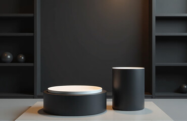 Poster - Product Display Features A Black Pedestal With A Dark Background And A Cylinder Stand, Set Against A Blank Shelved Backdrop.