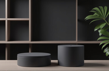Poster - Product Display Features A Black Pedestal With A Dark Background And A Cylinder Stand, Set Against A Blank Shelved Backdrop.