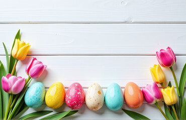 Poster - Natural Dyed Colorful Eggs And Spring Flowers Create A Beautiful, Rustic Scene Against A White Wooden Background With Plenty Of Space.