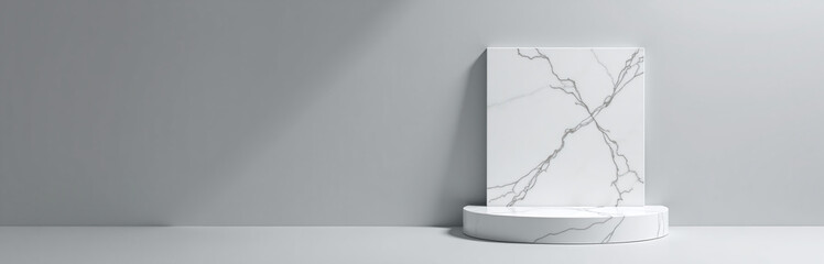 Aufkleber - Modern White Marble Product Is Displayed On A Gray Background In A Sleek And Empty Studio Setting With 3d Rendering.