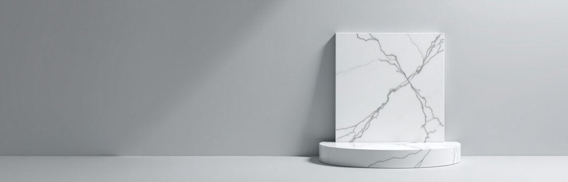 Modern White Marble Product Is Displayed On A Gray Background In A Sleek And Empty Studio Setting With 3d Rendering.