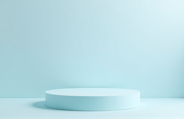Poster - Minimalist Modern Pedestal Display On A Light Blue 3d Platform With A White Background, Showcasing An Empty Cosmetic Stand Or Shelf.