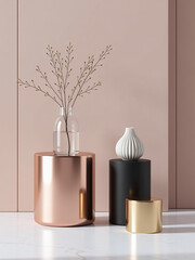 Aufkleber - Minimal 3d Room Set With Luxury Cylinder Stand, Featuring Pink Gold, Black, Gold, And Silver Geometric Forms In A Sleek Design.