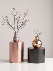 Aufkleber - Minimal 3d Room Set With Luxury Cylinder Stand, Featuring Pink Gold, Black, Gold, And Silver Geometric Forms In A Sleek Design.