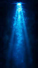 Poster - Deep blue water scene, sunlight beam penetrates dark depths, creating contrast and texture, symbolizing mystery, exploration, or serenity