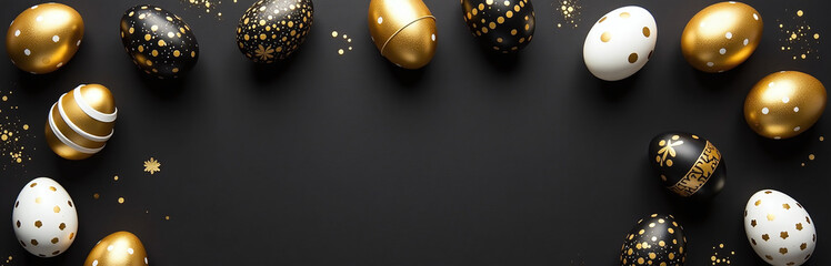 Aufkleber - Golden, Black, And White Easter Eggs Are Laid Out On A Black Background With Painted Designs And Empty Spaces Around Them.