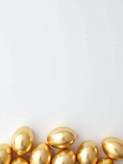 Poster - Golden Easter Eggs Sit Atop A Blank White Copy Space Background In An Overhead Perspective, Awaiting Creative Placement And Design.