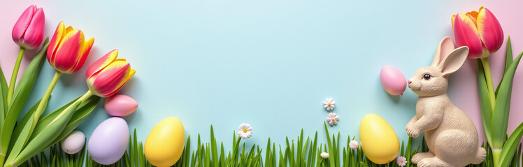 Aufkleber - Flat Lay Composition Of Colorful Easter Eggs, Tulip Flowers, And A Decorative Easter Bunny On A Happy Holiday Background.