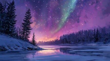 aurora borealis dancing over a frozen lake, cosmic and surreal, cinematic and breathtaking, highly d