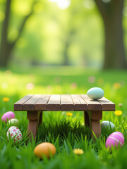 Aufkleber - Empty Wooden Table Set Amidst A Lush Green Meadow Featuring Colorful Easter Eggs In A Springtime Backdrop.