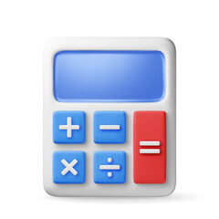 Poster - 3D modern calculator isolated on white. Render mathematics icon. Addition, subtraction, multiplication and division buttons. Arithmetic operations. Financial math device calculate. Vector illustration