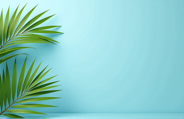 Poster - Elegant Banner Design Featuring Palm Fronds On A Serene Blue Background Leaving Ample Space For Text Overlay.