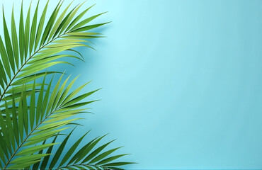 Poster - Elegant Banner Design Featuring Palm Fronds On A Serene Blue Background Leaving Ample Space For Text Overlay.