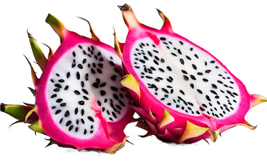 Poster - A sliced dragon fruit revealing the white flesh with black seeds, isolated on a empty plain background