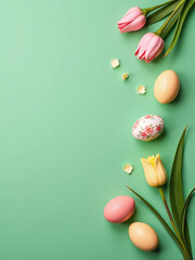 Aufkleber - Easter Table Setting Features Eggs And Floral Decor On A Vibrant Green Background In A Stylish Flat Lay Composition.