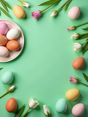Aufkleber - Easter Table Setting Features Eggs And Floral Decor On A Vibrant Green Background In A Stylish Flat Lay Composition.