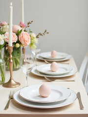 Poster - Easter Table Setting Features A Minimalist Approach With Simple Decorations And A Neutral Floral Background For A Clean Look.