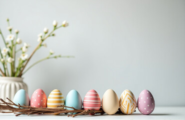 Poster - Easter Decorations Fill The Home Interior With Natural Elements Like Willow Branches And Colorful Eggs Against A Light Background.