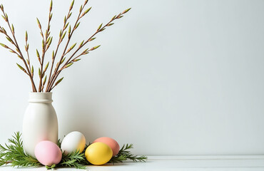 Poster - Easter Decorations Fill The Home Interior With Natural Elements Like Willow Branches And Colorful Eggs Against A Light Background.