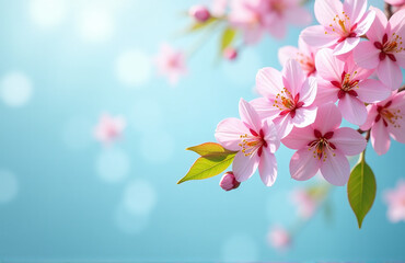 Poster - Colorful Sakura Blossoms On A Light Blue Background With Bokeh And A Banner Wishing A Happy Easter From Above.