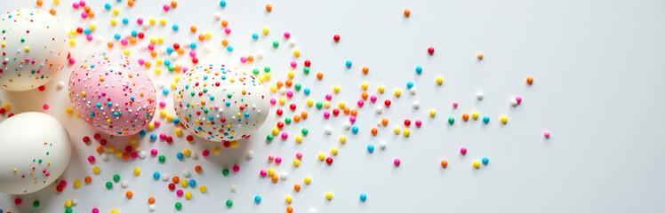Aufkleber - Colorful Eggshell Pattern Forms A Festive Design With Tiny Sugar Sprinkles On A Clean White Table With Empty Space Around It.